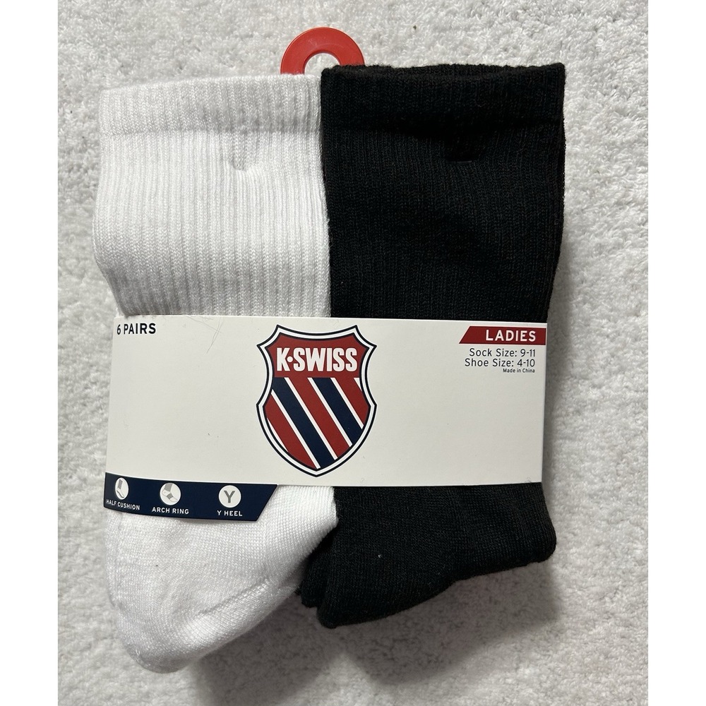 K Swiss Womens Size 9-11 Black White 6 Pairs Y Cushion Crew Socks